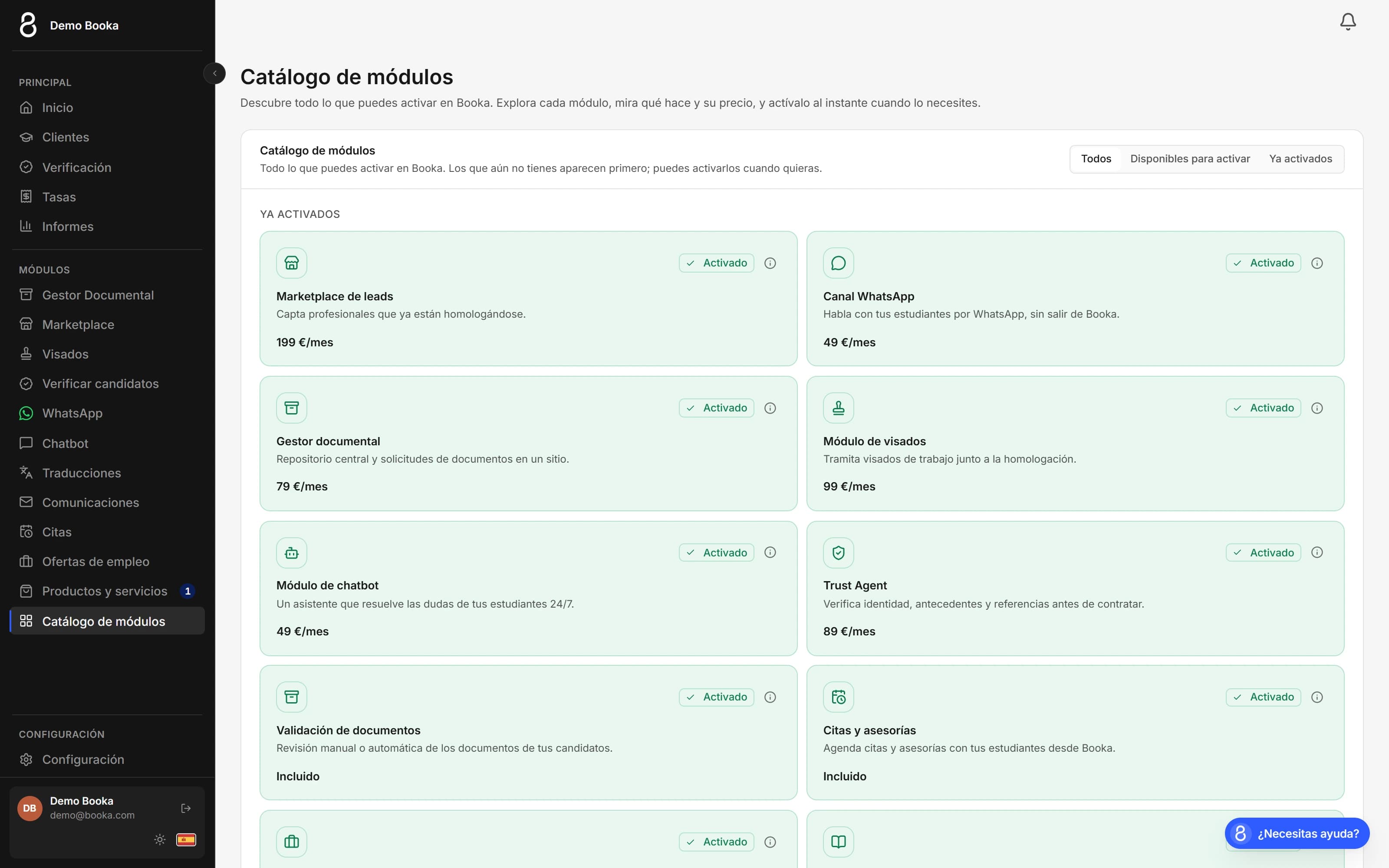 Catálogo de módulos de Booka — activa marketplace, WhatsApp, gestor documental, visados y más